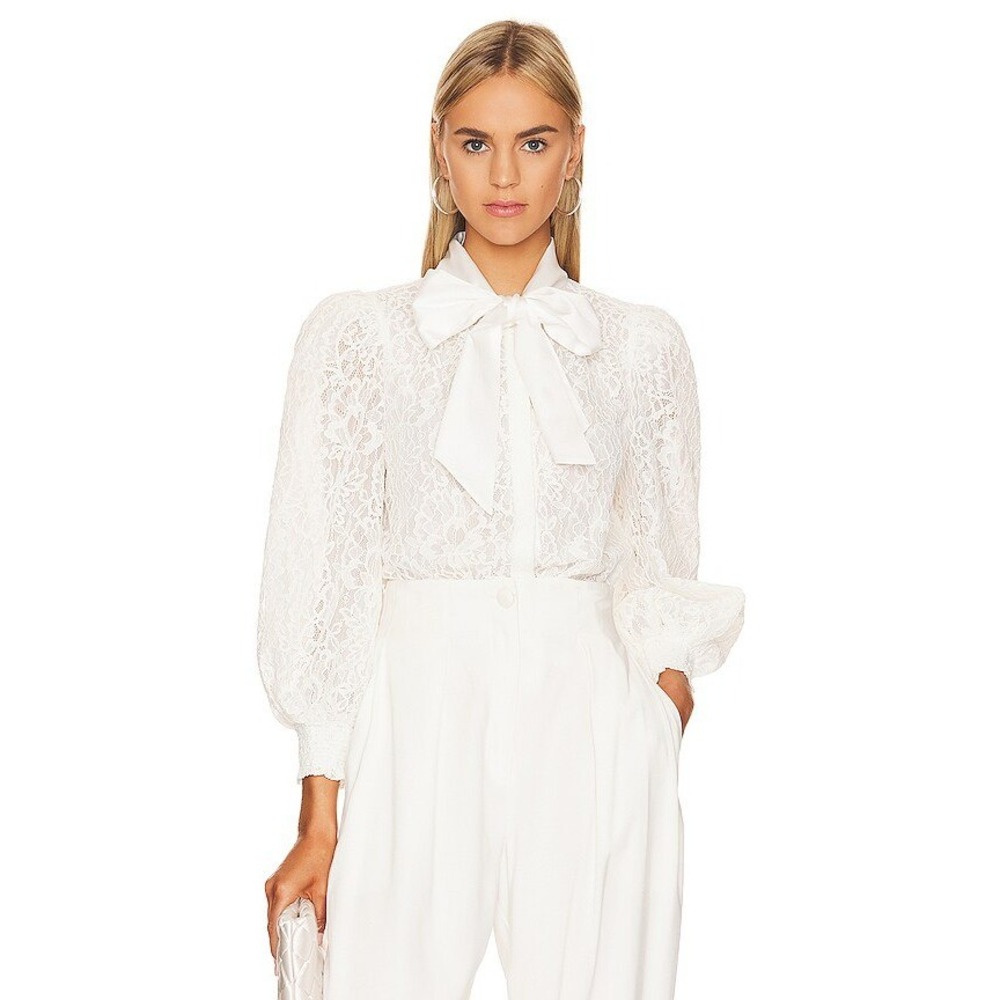 Alice + Olivia White Lace Bow Blouse